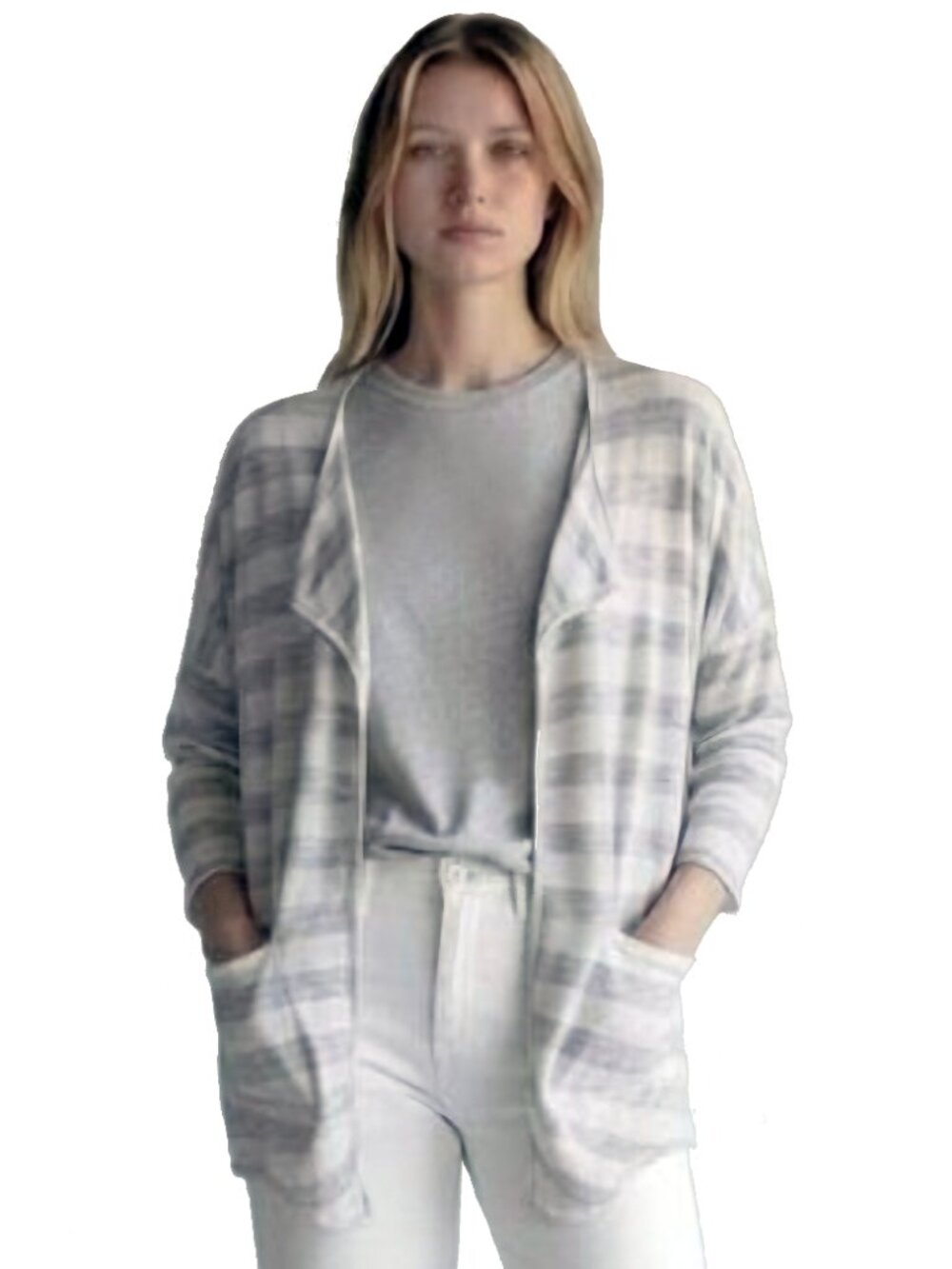 W118 by WALTER BAKER Longline Grey & White Striped Waterfall Open Cardigan L
